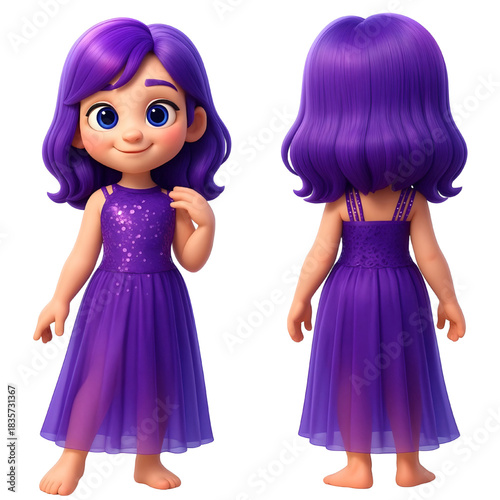 Girl With Purple Hair In Sparkly Purple Dress And Front And Back View