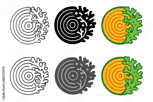 Lichen Growth Emblem. Conceptual emblem of lichen ecology showing growth rings as timeline of coexistence, natural yet structured