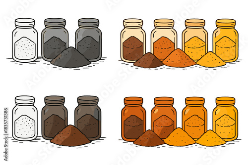 Gradient Pigment Jars. Powdered pigment jars arranged neatly in gradient of hematite to limonite hues, balanced composition of