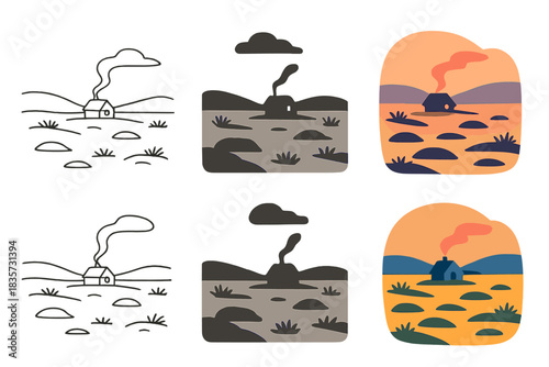 Peat Field Dusk. Peat field landscape under dusk light, smoke trail rising from distant cottage, minimalist atmospheric