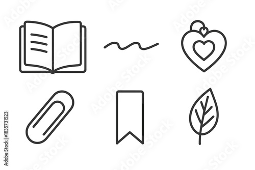 Personal Icons Set. Line style icons of Personal Stories: open notebook, handwriting line, heart locket, paperclip, bookmark,