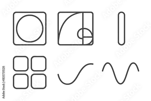 Harmonic Line Icons. Line style icons of Harmonic Structure: circle within square, balanced spiral, centered line, symmetry grid,