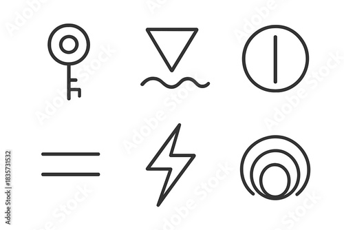 Symbolic Whispers Icons. Line style icons of Symbolic Whispers: key glyph, floating triangle, silent circle, parallel bars, energy