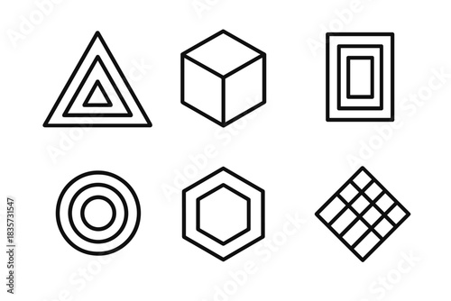 Geometric Portal Icons. Line style icons of Geometric Portals: triangle frame, cube tunnel, layered doorway, stacked circle,
