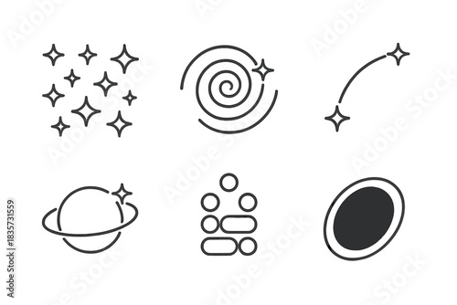 Interstellar Icon Patterns. Line style icons of Interstellar Patterns: grid of stars, spiral orbit, curved constellation,