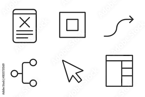 Prototyping Tools Icons. Line style icons of Prototyping Tools: wireframe screen, component box, flow arrow, connector, cursor,