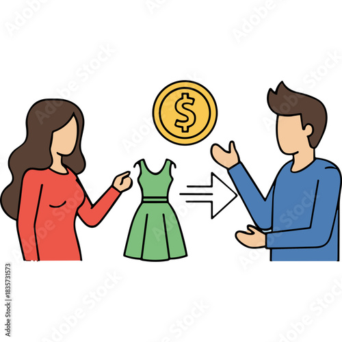 Couple Discussing Purchase Of Green Dress With Dollar Coin Overhead Represents Transaction Or Negotiation For Fashion Item