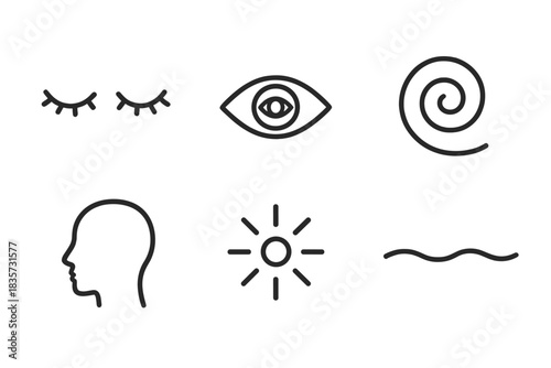 Mindful Focus Icons. Line style icons of Mindful Focus: closed eyes, third eye symbol, gentle spiral, head outline, light point,