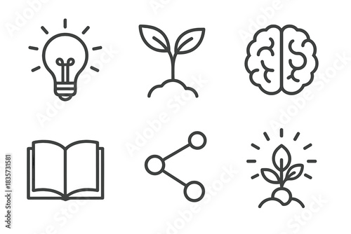 Idea Growth Icons. Line style icons of Idea Growth: lightbulb, sprouting branch, brain outline, open book, connected dots, glowing