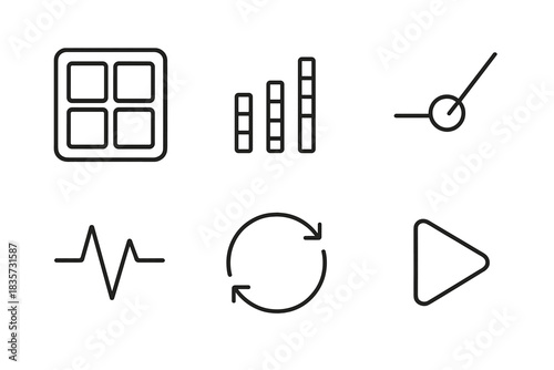 Beat Flow Icons. Line style icons of Beat Flow: drum pad, equalizer, tempo line, pulse wave, rhythm loop, play button. No text, No
