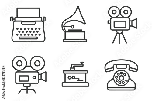 Obsolete Beauty Icons. Line style icons of Obsolete Beauty: typewriter, phonograph, film camera, projector, telegraph, rotary