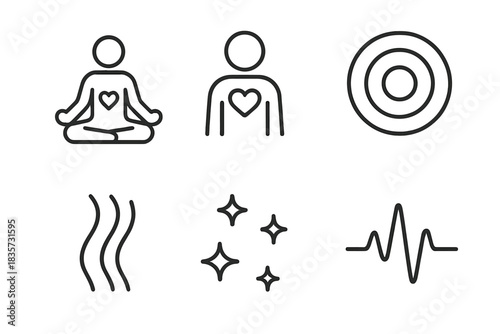 Inner Light Icons. Line style icons of Inner Light: meditating figure, heart center, expanding ring, breath flow, subtle shimmer,