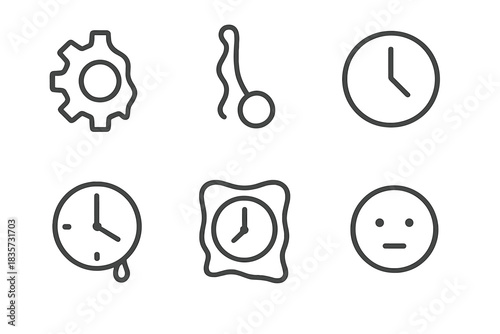 Temporal Melancholy Icons. Line style icons of Temporal Melancholy: drooping gear, warped pendulum, faded symbol, dripping second