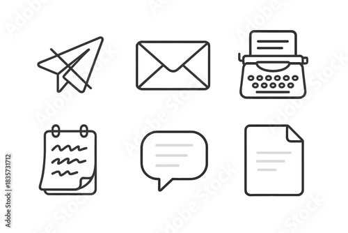 Silent Communication Icons. Line style icons of Silent Communication: muted telegram, empty envelope, still typewriter, unreadable