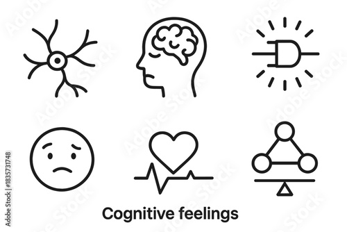 Cognitive Feelings Icons. Line style icons of Cognitive Feelings: connected neuron, thoughtful pattern, glowing logic gate,