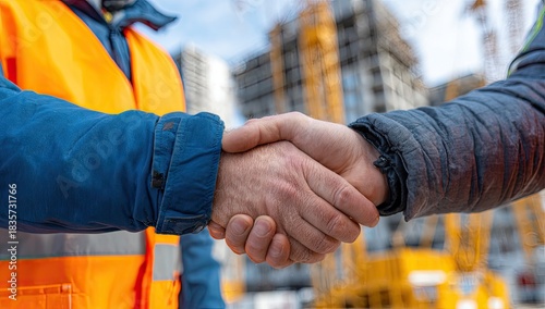 Two builders in safety vests shake hands at a construction site