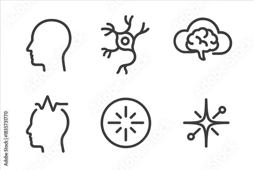 Cognitive Cloud Icons. Line style icons of Conscious Network: human silhouette, glowing neuron, connected halo, fluid circuit,