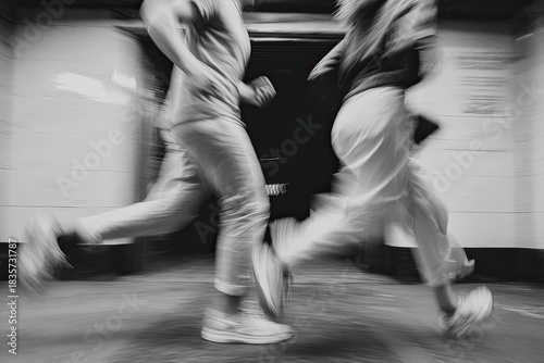 Two figures in motion blur, running down a gritty, indistinct passage