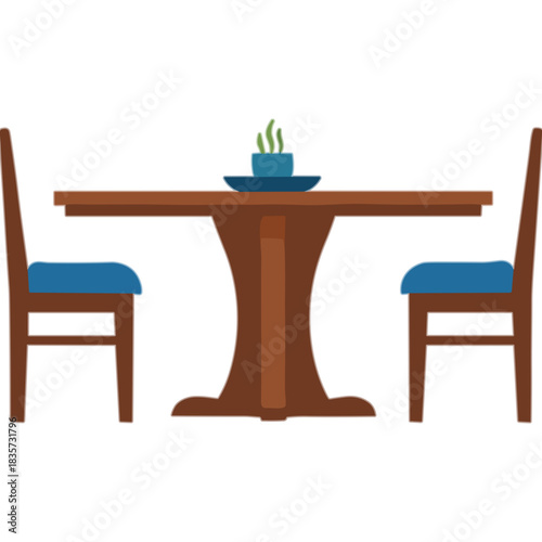 Cozy Dining Set with Round Wooden Table and Two Blue Upholstered Chairs and a Small Green Plant in a Teal Pot on a Teal Plate Illuminated by Soft Light