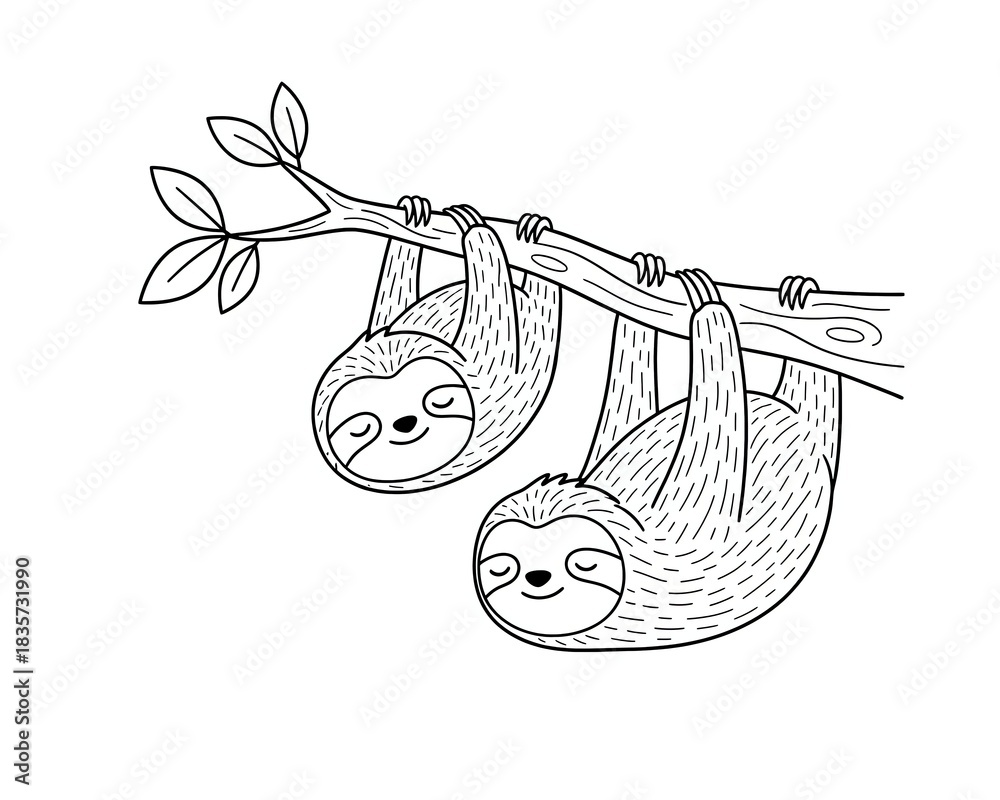 Naklejka premium Two sloths hanging from a tree branch