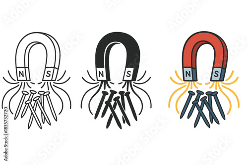 Magnetism in Three Styles. Red and silver magnet, clustered nails, field lines radiating, first in line style with thin outline,