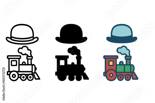 Stylized Steam Engine. Bowler hat, miniature steam engine, smoke trail, first in line style with thin outline, second in solid