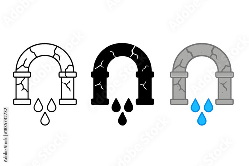 Abstract Arch Evolution. Concrete arch, fissure lines, water droplets, first in line style with thin outline, second in solid