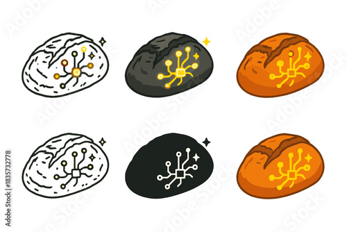 Futuristic Artisan Breads. Loaves of rustic bread with tiny glowing memory circuits embedded on the crust, futuristic artisan