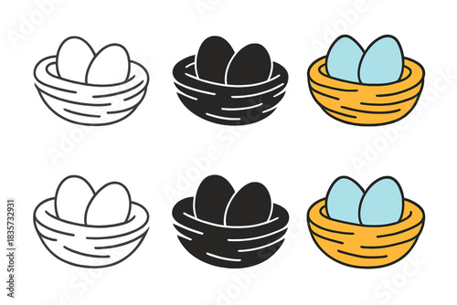 Finch Eggs Illustrations. Close-up of finch eggs resting in woven nest, simple minimalist vector illustration, first in line style