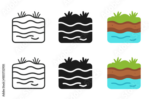 Peat Bog Reflection. ayered peat bog with subtle water reflections and organic textures, minimal vector icon, first in line style