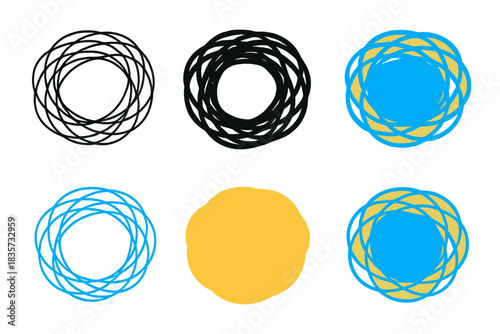 Iron Nest Variations. Top view of nest made from interwoven iron filaments, simple minimalist vector illustration, first in line