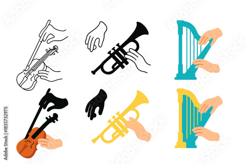 Phantom Orchestra Abstract. Floating phantom arms interacting with orchestral instruments in abstract arrangement, abstract