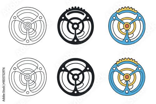 Tourbillon Timepiece Art. Detailed tourbillon cage revolving around balance wheel in timepiece, abstract minimalist vector