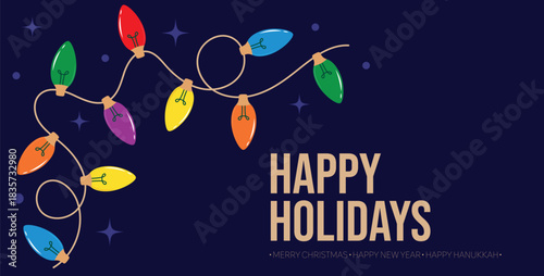 Happy Holidays banner, with traditional Christmas bulb lights, and colorful string. Minimalist trendy banner with