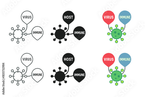 Symbiotic Viral Connections. Symbiotic viral particles connecting and interacting with floating words, simple minimalist vector