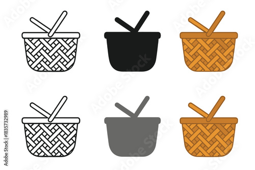 Willow Picnic Basket. Top-down view of willow picnic basket showing woven texture and open lid, simple minimalist vector