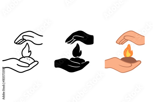 Nurturing Flame. Hands tending small peat flame, symbolic of care and continuity, simple human gesture rendered in clean outline,