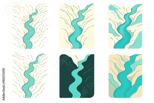 Glacial Canyon Aerial. Glacial canyon with twisting turquoise channel viewed from above, minimalist topographic flow map aesthetic