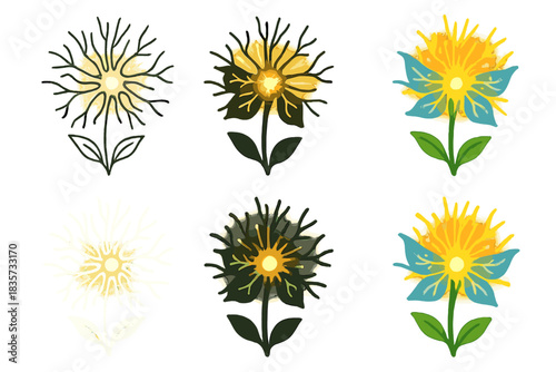 Neural Flower Glow. Close-up of flower with petals shaped like neurons, glowing filaments radiating from its core, minimalist