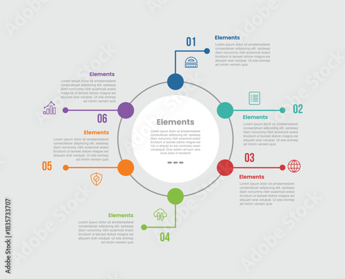 6 elements infographic comparison diagram with big circle center with dot point spreading around on cycle circular with dot line style 6 step for slide presentation