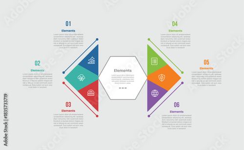 6 elements infographic comparison diagram with hexagon center with triangle arrow on each side with dot line style 6 step for slide presentation