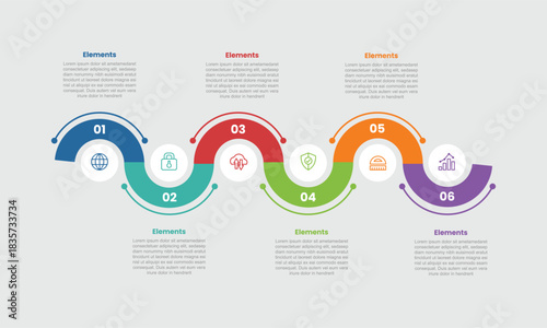 6 elements infographic comparison diagram with half circle wave up and down on horizontal with circle turn with dot line style 6 step for slide presentation