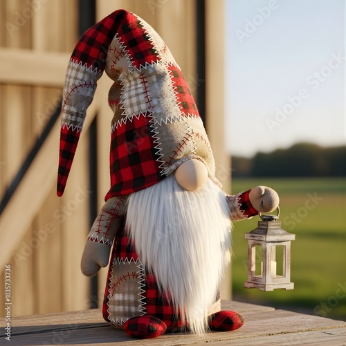 Cozy Patchwork Christmas Gnome Holding Lantern on Rustic Wooden Porch at Sunset

