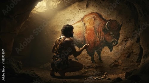 Man making cave painting. Prehistoric artist depicting bison on rock wall. Ancient art, paleolithic era, and human history concept.