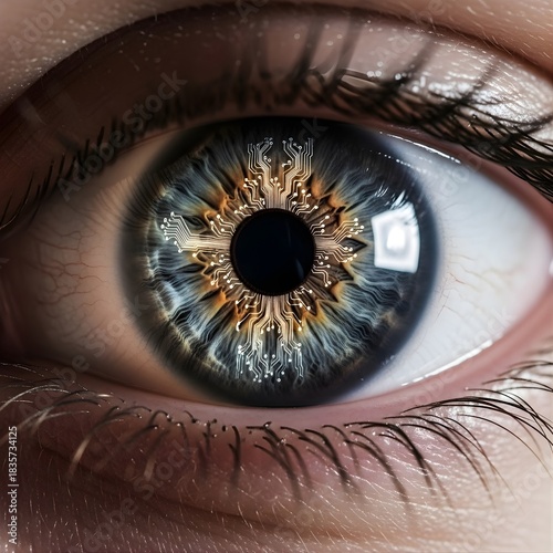 Close Up Futuristic Human Eye with Glowing Circuit Board Iris and Cybernetic Details

