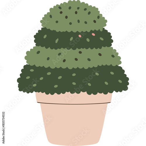 Cartoon Topiary Bush With Pink Eyes Peeking Out From Green Leaves In A Light Pink Pot With A Black Background And A Light Pink Pot