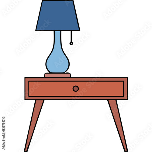 Classic bedside table with a blue lampshade and a single drawer in a minimalist flat design style on a black background