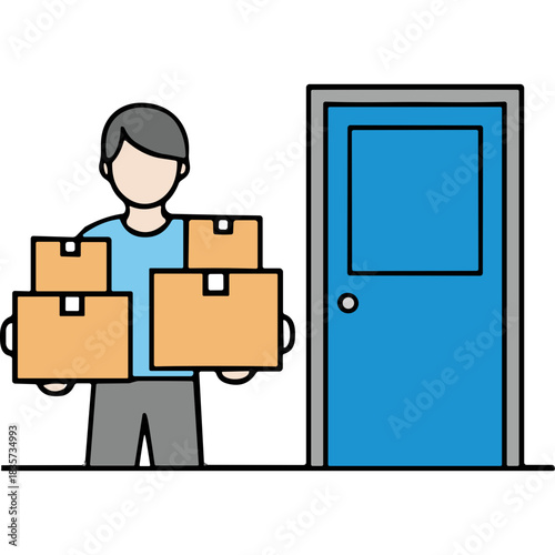 Delivery Person Holding Cardboard Boxes Standing Beside a Blue Door with Gray Trim on a Black Background Simple Flat Illustration