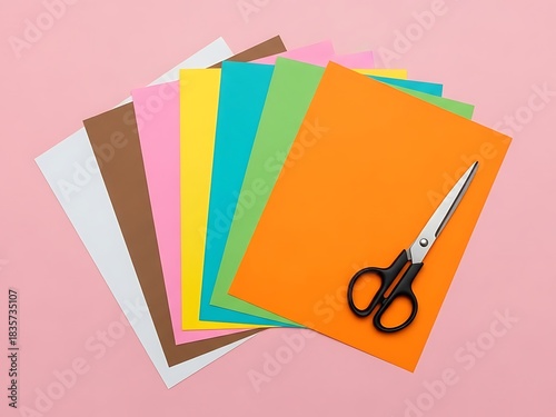 Colorful craft paper stack with scissors on pink background