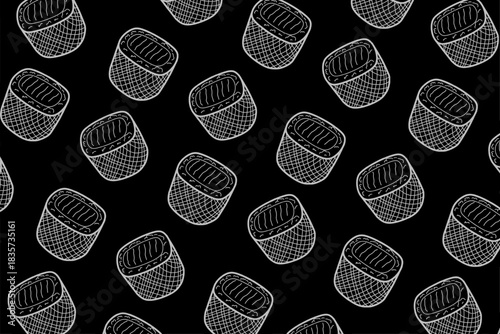 Seamless Repetitive Pattern of Hand-Drawn Woven Baskets on a Solid Black Background for Textiles and Digital Wallpaper